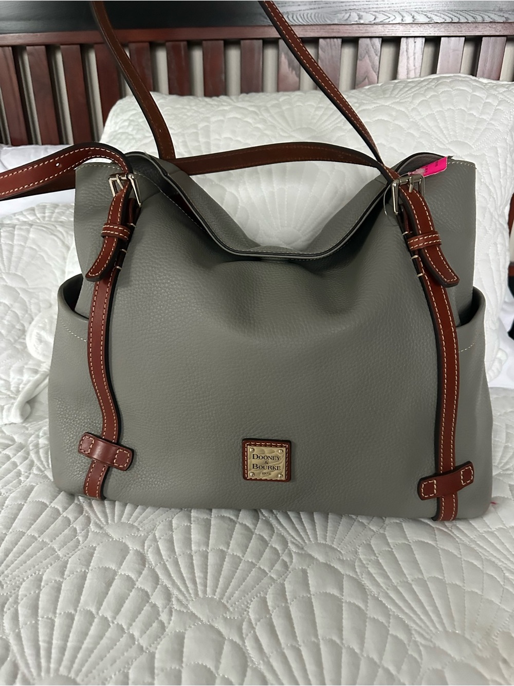 Dooney & Bourke pebble leather Gray Hobo ( Penrose) satchel with brown trim